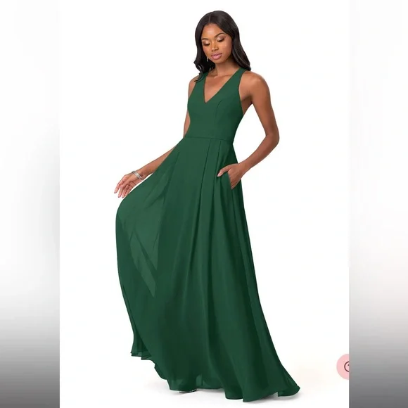 green emerald velvet dress Azazie Dark Green Necktie main image 1
